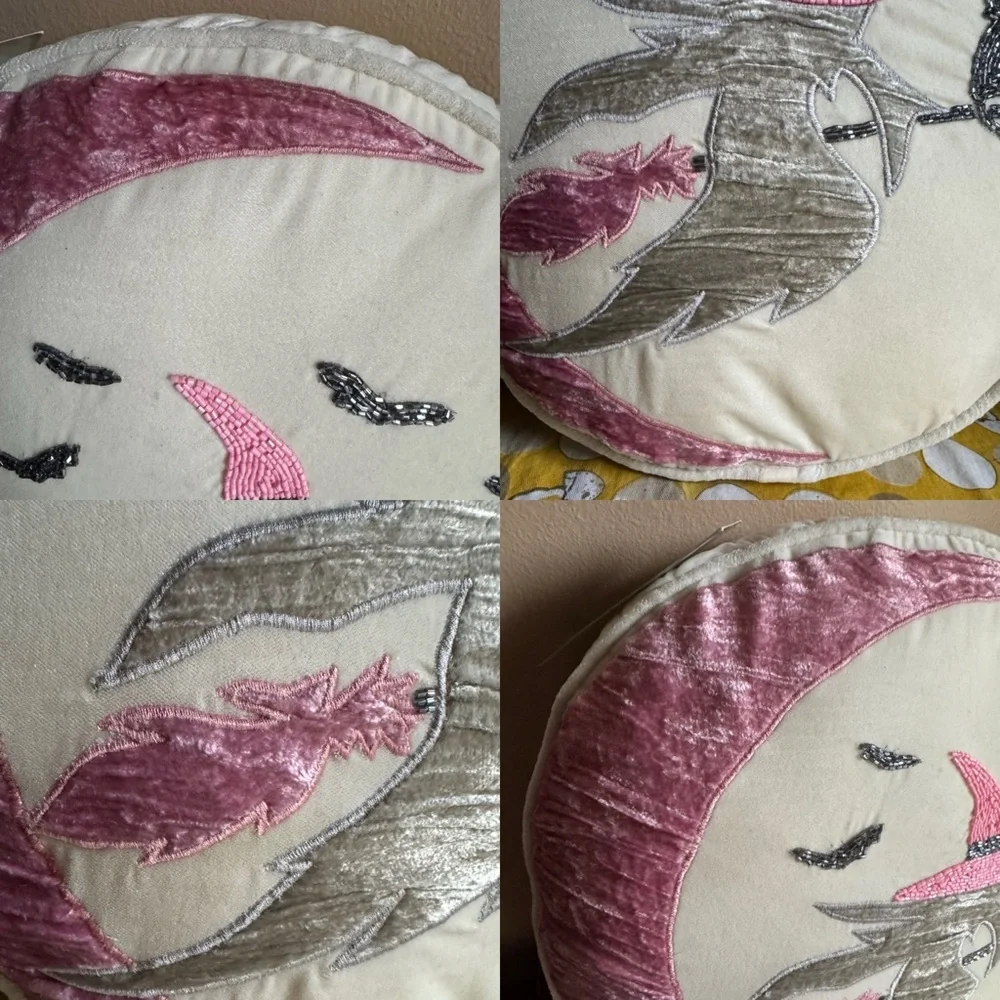 Rachel Zoe NWT ivory, pink silver beaded Witchy Moon decorative Halloween pillow